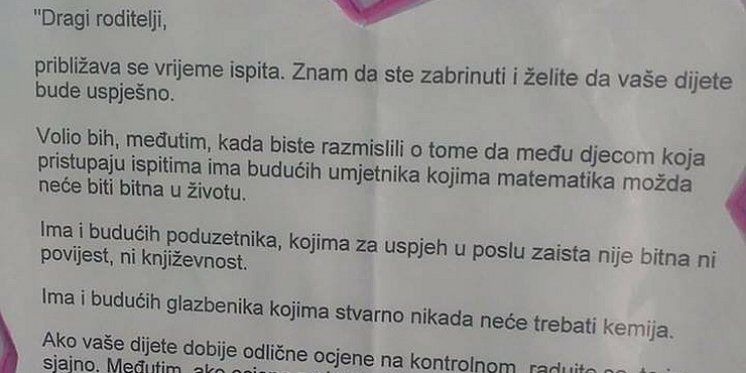 Poruka jednog ravnatelja roditeljima: ‘Nemojte zbog ocjena potkopati samopouzdanje svom djetetu’