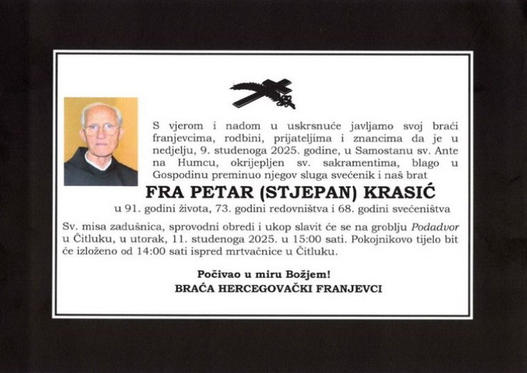 SPROVODNI OBREDI FRA PETRA KRASIĆA U UTORAK U ČITLUKU