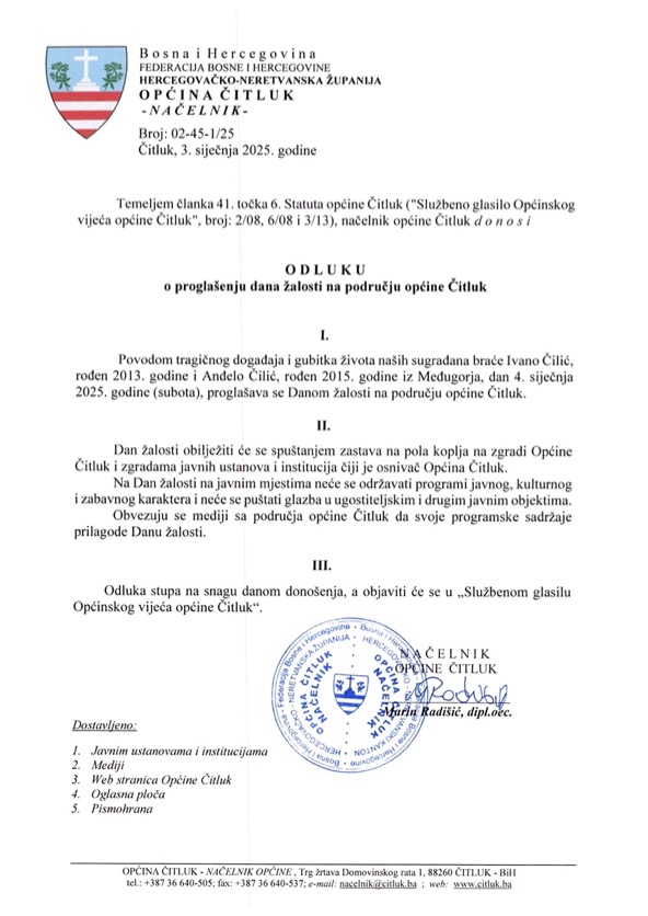 Odluka o proglasenju dana zalosti na podrucju opcine Citluk